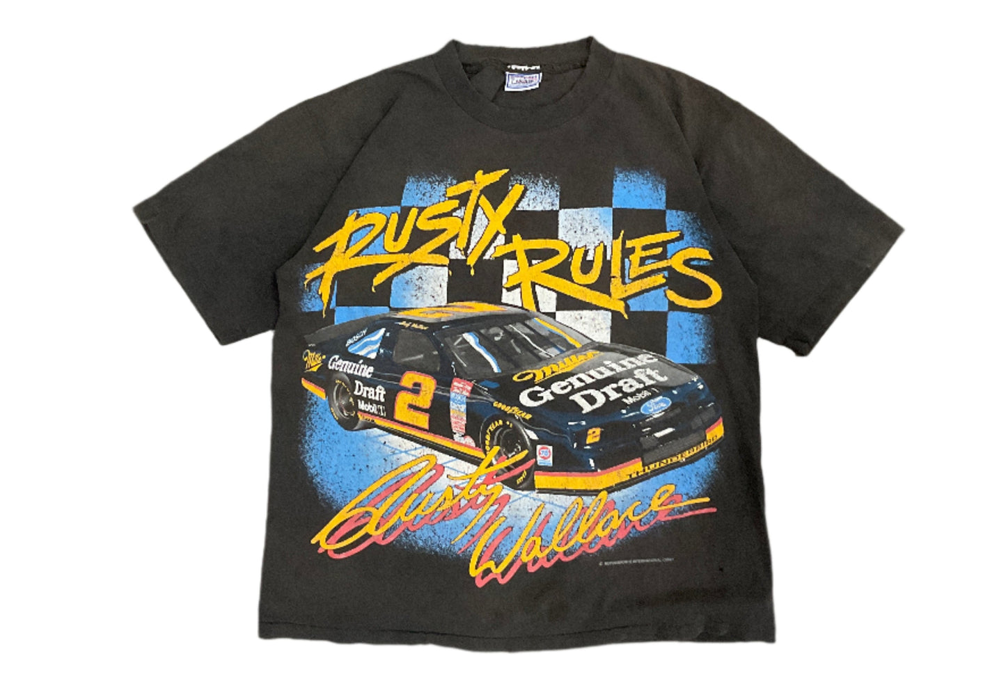 VINTAGE RUSTY WALLACE " RUSTY RULES" NASCAR TSHIRT DISTRESSED AND FADED SIZE L